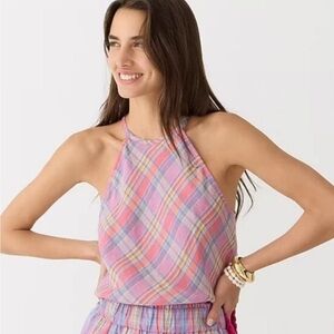 JCrew Amber Linen‎ Halter Top Sunset Plaid pink blue size medium